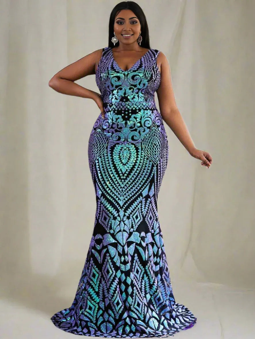 Luxury Mermaid V Neck Sleeveless Zipper Up Sweep/Brush Train Plus Size Prom Dress